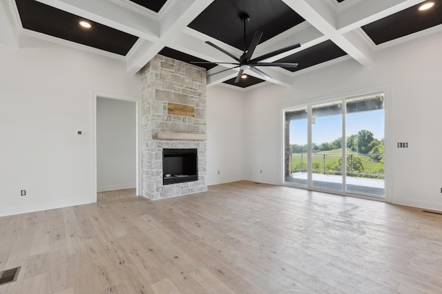 4252 Equestrian Way, Richmond, KY 40475 - unfurnished living room with coffered ceiling, ornamental molding, a ceiling fan, beam ceiling, and a fireplace