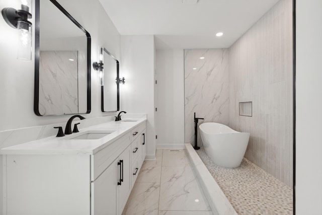 4252 Equestrian Way, Richmond, KY 40475 - bathroom featuring marble finish flooring, double vanity, a freestanding bath, and recessed lighting