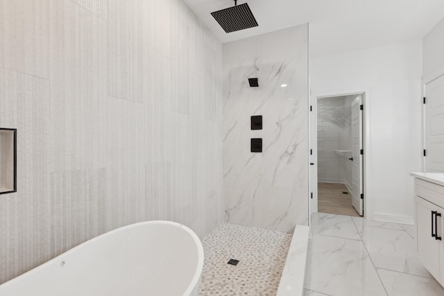 4252 Equestrian Way, Richmond, KY 40475 - bathroom with a freestanding bath, a marble finish shower, vanity, and marble finish flooring