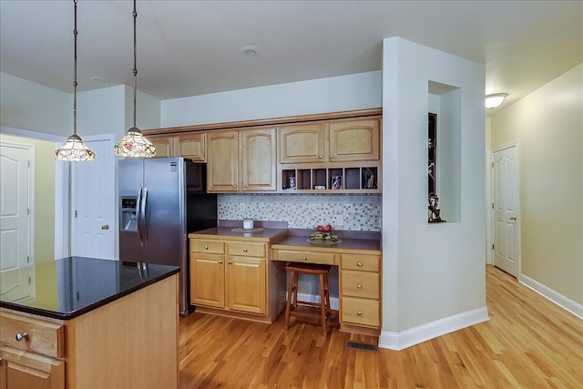 428 Shady Brook Dr, Richmond, KY 40475 - kitchen featuring light wood-style flooring, stainless steel fridge with ice dispenser, decorative backsplash, and open shelves