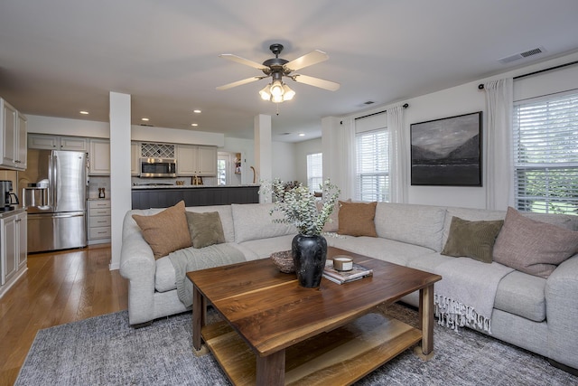 3657 Gladman Way, Lexington, KY 40503 - living room featuring healthy amount of natural light, a ceiling fan, wood finished floors, and recessed lighting