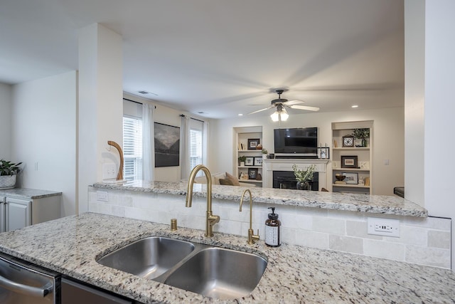 3657 Gladman Way, Lexington, KY 40503 - kitchen with a sink, ceiling fan, dishwasher, light stone counters, and recessed lighting