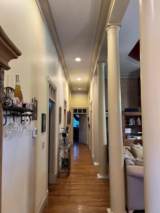 1740 Gose Pike, Danville, KY 40422 - corridor featuring decorative columns, ornamental molding, dark wood finished floors, recessed lighting, and baseboards