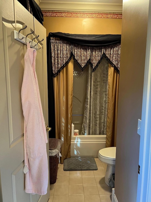 1740 Gose Pike, Danville, KY 40422 - bathroom with tile patterned floors, toilet, shower / bath combination with curtain, and ornamental molding