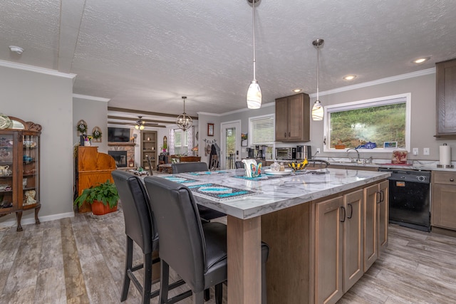 233 Bearskin Holw, Morehead, KY 40351 - kitchen featuring black dishwasher, a textured ceiling, a sink, a kitchen island, and light wood-style floors