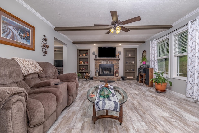 233 Bearskin Holw, Morehead, KY 40351 - living room featuring wood finished floors, ceiling fan, a fireplace, baseboards, and a textured ceiling