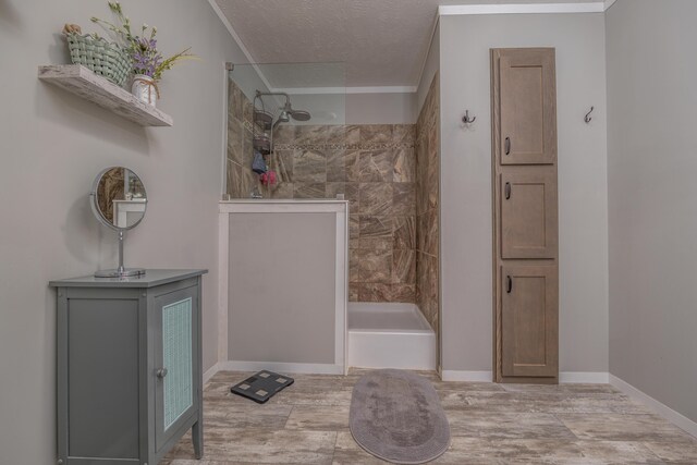 233 Bearskin Holw, Morehead, KY 40351 - bathroom featuring a walk in shower, a textured ceiling, ornamental molding, wood finished floors, and baseboards