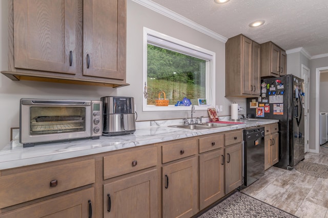 233 Bearskin Holw, Morehead, KY 40351 - kitchen with black appliances, a sink, light countertops, crown molding, and light wood-style flooring