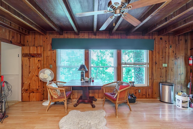 274 Oster Dr, Harrodsburg, KY 40330 - dining space featuring healthy amount of natural light, wooden walls, a ceiling fan, wood ceiling with exposed beams, and wood finished floors