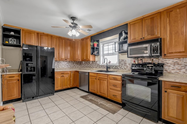 1235 Jackstown Rd, Paris, KY 40361 - kitchen featuring black appliances, open shelves, a sink, and a ceiling fan