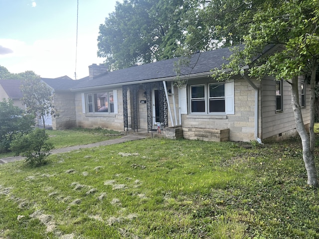 122 Mac Ct, Harrodsburg, KY 40330 - ranch-style house featuring stone siding, a front yard, and a chimney