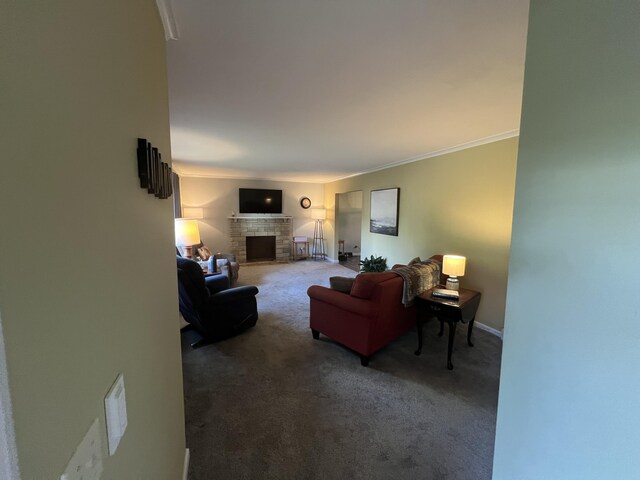 122 Mac Ct, Harrodsburg, KY 40330 - carpeted living room with a brick fireplace and ornamental molding