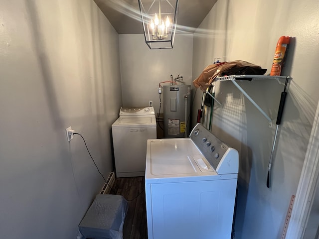 122 Mac Ct, Harrodsburg, KY 40330 - laundry room with independent washer and dryer, water heater, a chandelier, and dark wood-type flooring