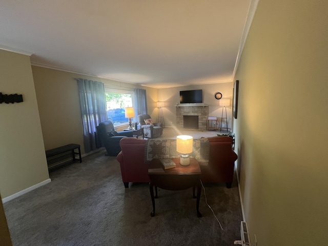 122 Mac Ct, Harrodsburg, KY 40330 - living area with a brick fireplace, ornamental molding, carpet, and baseboards