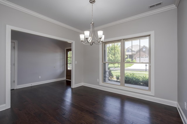 3880 Leighton Ln, Lexington, KY 40515 - empty room featuring a chandelier, ornamental molding, baseboards, and dark wood-type flooring