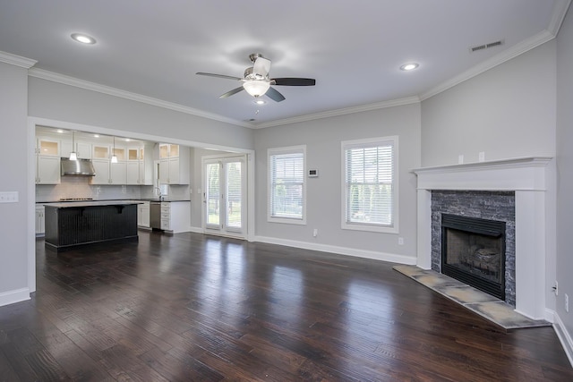 3880 Leighton Ln, Lexington, KY 40515 - unfurnished living room featuring ceiling fan, a fireplace, plenty of natural light, dark wood finished floors, and recessed lighting