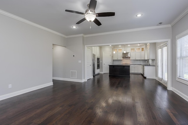 3880 Leighton Ln, Lexington, KY 40515 - unfurnished living room featuring ceiling fan, dark wood-type flooring, ornamental molding, baseboards, and recessed lighting