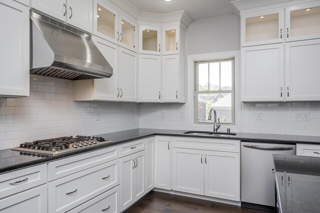 3880 Leighton Ln, Lexington, KY 40515 - kitchen featuring appliances with stainless steel finishes, under cabinet range hood, a sink, white cabinetry, and backsplash