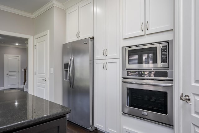 3880 Leighton Ln, Lexington, KY 40515 - kitchen with stainless steel appliances, crown molding, white cabinets, and dark stone countertops