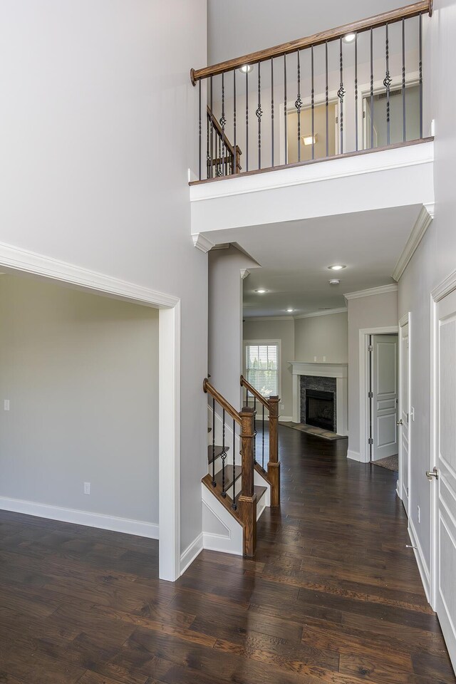 3880 Leighton Ln, Lexington, KY 40515 - foyer featuring ornamental molding, stairway, a premium fireplace, wood finished floors, and baseboards
