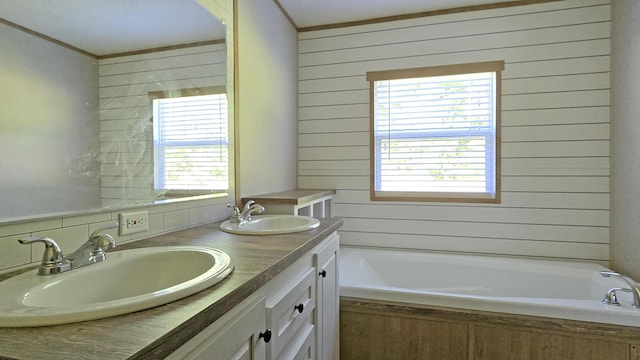 2499 Sacker Rd, Manchester, KY 40962 - full bath with a bath, double vanity, ornamental molding, and wood walls