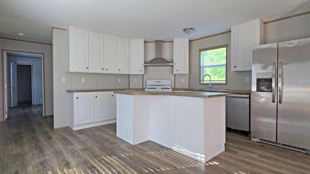 2499 Sacker Rd, Manchester, KY 40962 - kitchen with stainless steel appliances, wall chimney range hood, white cabinets, and dark wood-type flooring