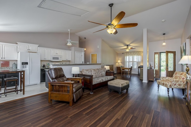 4140 Clearwater Way, Lexington, KY 40515 - living room featuring a ceiling fan, high vaulted ceiling, and dark wood-style floors