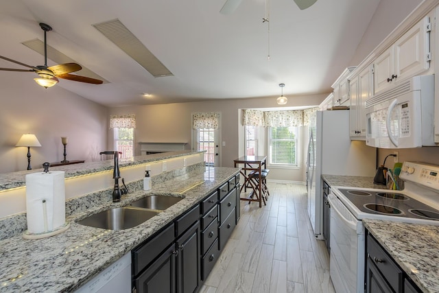 4140 Clearwater Way, Lexington, KY 40515 - kitchen featuring white appliances, a ceiling fan, a sink, and white cabinets