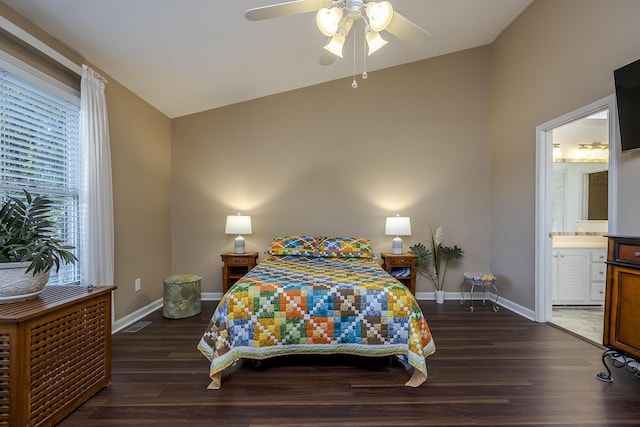 4140 Clearwater Way, Lexington, KY 40515 - bedroom featuring vaulted ceiling, baseboards, wood finished floors, ensuite bathroom, and ceiling fan
