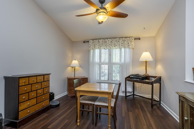4140 Clearwater Way, Lexington, KY 40515 - dining room with baseboards, dark wood-style floors, ceiling fan, an office area, and vaulted ceiling