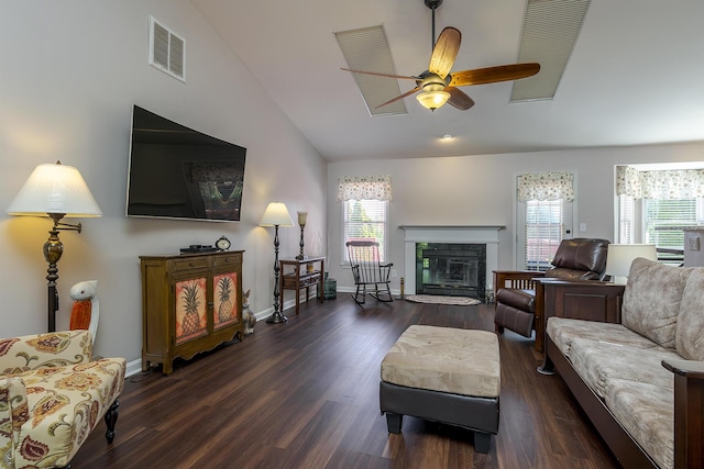 4140 Clearwater Way, Lexington, KY 40515 - living room with ceiling fan, wood finished floors, a glass covered fireplace, vaulted ceiling, and baseboards