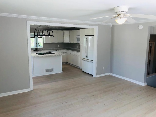 624 Richardson Ln, Frankfort, KY 40601 - kitchen with freestanding refrigerator, a sink, ornamental molding, baseboards, and light countertops