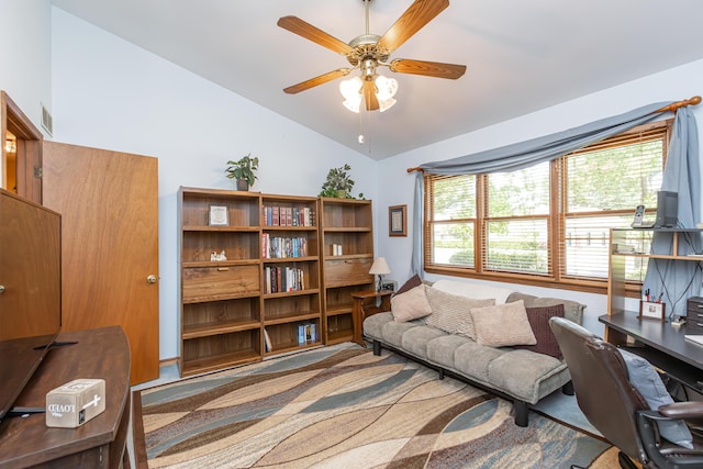 428 Patchen Dr, Lexington, KY 40517 - office area featuring vaulted ceiling, plenty of natural light, a ceiling fan, and carpet floors