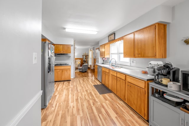900 Shoshoni Trl, Georgetown, KY 40324 - kitchen with appliances with stainless steel finishes, under cabinet range hood, a sink, light wood-type flooring, and light countertops