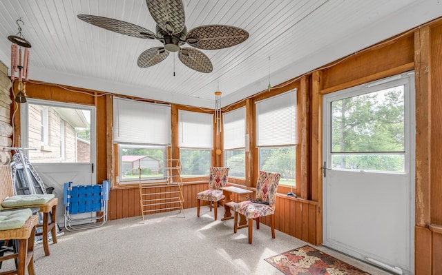 900 Shoshoni Trl, Georgetown, KY 40324 - sunroom / solarium with carpet floors, a ceiling fan, and wood walls