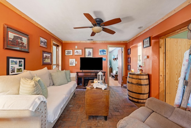 4496 Fords Mill Rd, Versailles, KY 40383 - living room with brick floors and a ceiling fan