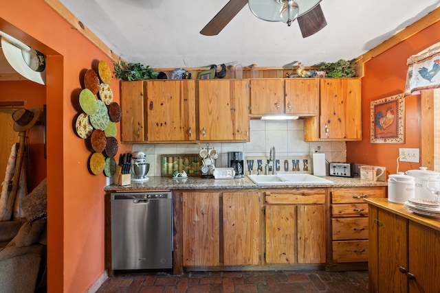 4496 Fords Mill Rd, Versailles, KY 40383 - kitchen with a sink, dishwasher, ceiling fan, tasteful backsplash, and brick flooring