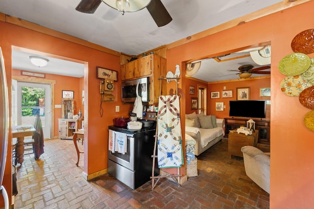 4496 Fords Mill Rd, Versailles, KY 40383 - living area with ceiling fan, brick flooring, and baseboards