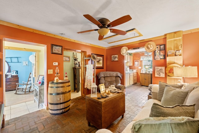 4496 Fords Mill Rd, Versailles, KY 40383 - living room featuring ceiling fan and brick flooring