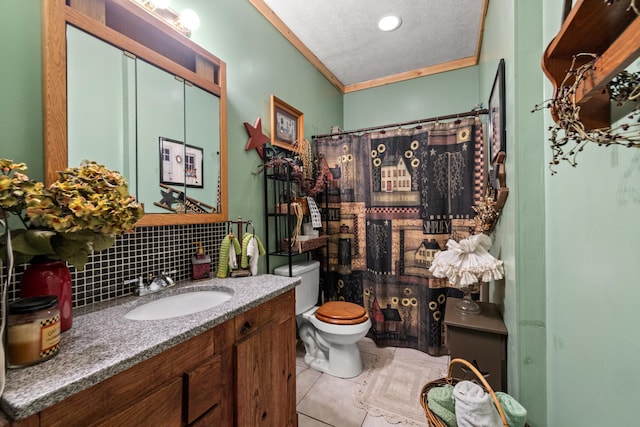 4496 Fords Mill Rd, Versailles, KY 40383 - full bathroom featuring toilet, backsplash, vanity, tile patterned flooring, and ornamental molding