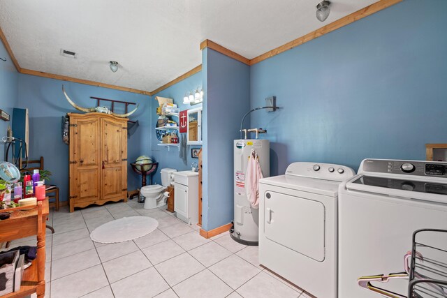 4496 Fords Mill Rd, Versailles, KY 40383 - washroom featuring water heater, independent washer and dryer, ornamental molding, and light tile patterned floors