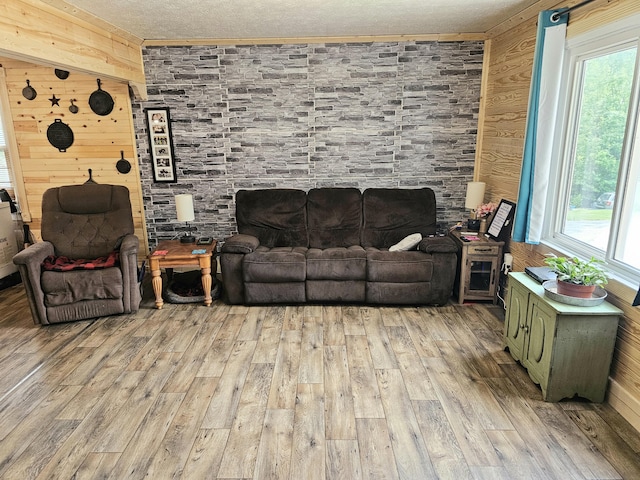 270 Newcomb Ave, Mount Vernon, KY 40456 - living area with wood walls, light wood-style flooring, a textured ceiling, and ornamental molding