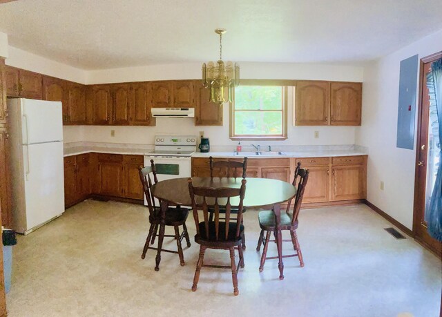 1184 Snow Creek Rd, Clay City, KY 40312 - kitchen featuring white appliances, exhaust hood, a chandelier, a sink, and brown cabinets