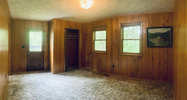 1184 Snow Creek Rd, Clay City, KY 40312 - unfurnished bedroom with multiple windows, a closet, wood walls, and carpet floors