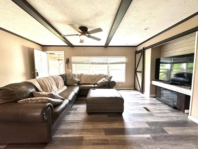 1126 College Hill Rd, Waco, KY 40385 - living room with a ceiling fan, beam ceiling, wood finished floors, crown molding, and baseboards