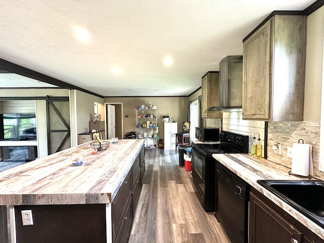 1126 College Hill Rd, Waco, KY 40385 - kitchen with black appliances, a barn door, dark wood-type flooring, wooden counters, and a center island