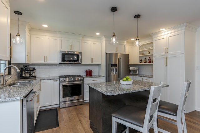 1025 Stowbridge Ln, Lexington, KY 40515 - kitchen with appliances with stainless steel finishes, a sink, open shelves, dark wood-style flooring, and white cabinets