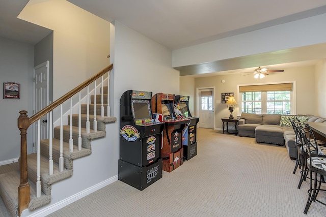 1025 Stowbridge Ln, Lexington, KY 40515 - living room with carpet flooring, a ceiling fan, baseboards, and stairway