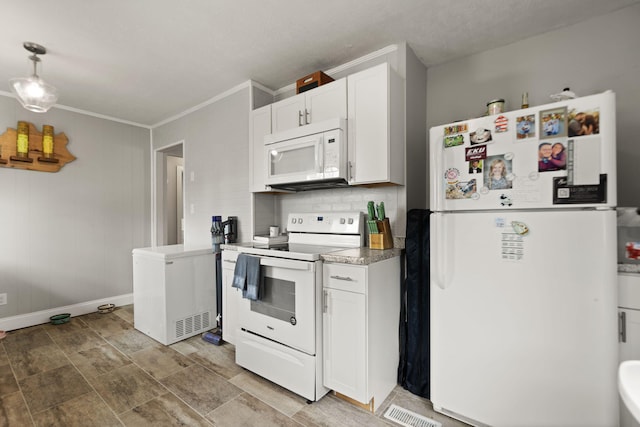 304 Hamilton Ave, Somerset, KY 42501 - kitchen with white appliances, baseboards, white cabinets, decorative backsplash, and ornamental molding