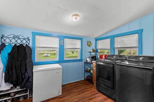 10165 Clifton Rd, Versailles, KY 40383 - washroom featuring independent washer and dryer, dark wood finished floors, a decorative wall, and crown molding